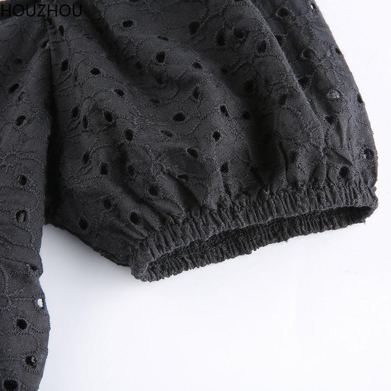 Hollow Black Dress Women V Neck Ruffles Pleated Dress Puff Sleeve Chic Black Summer Party Dress French Vintage Corset Ladies