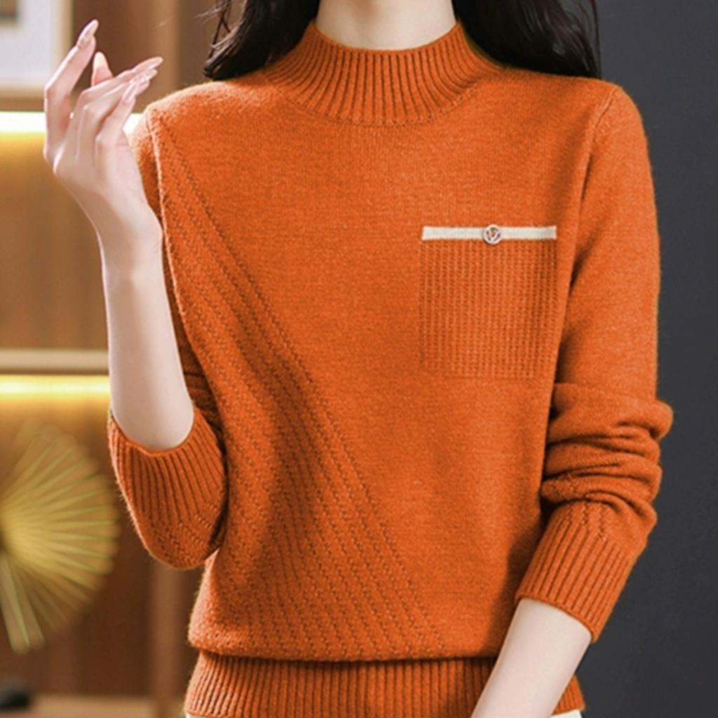 Sweater Women's Solid Color Semi High Neck Knitted Sweater Spring and Autumn Long Sleeved Casual Pullover