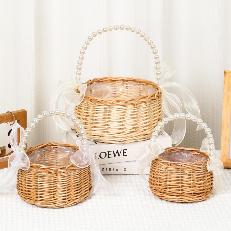 Handheld Woven Willow Flower Basket - Pearl Decoration, Rattan Souvenir, Wedding or Children's Day Gift, Perfect for Flower Arrangements