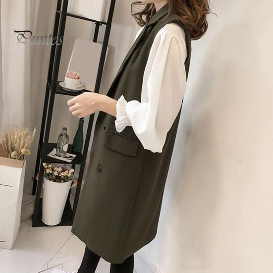 Podzim Jaro Ženy Vesta Stahovací límec Dvouřadý Volný Bez rukávů Délka Kapsy pod kolena Cardigan Jednobarevné Vesta na denní nošení