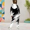 Girls Hooded Long Sleeve Black White Printed Two Piece Set Kangaroo Pocket Cuffed Pants