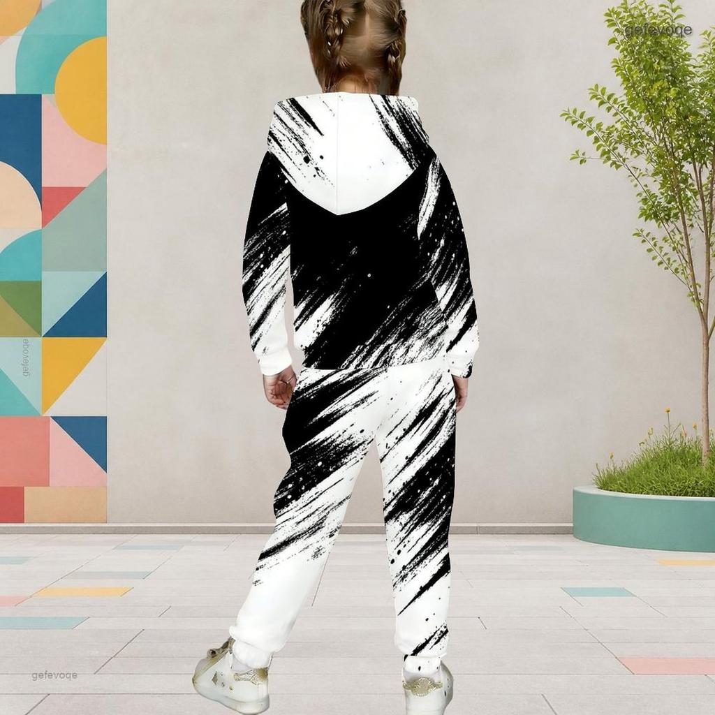 Girls Hooded Long Sleeve Black White Printed Two Piece Set Kangaroo Pocket Cuffed Pants