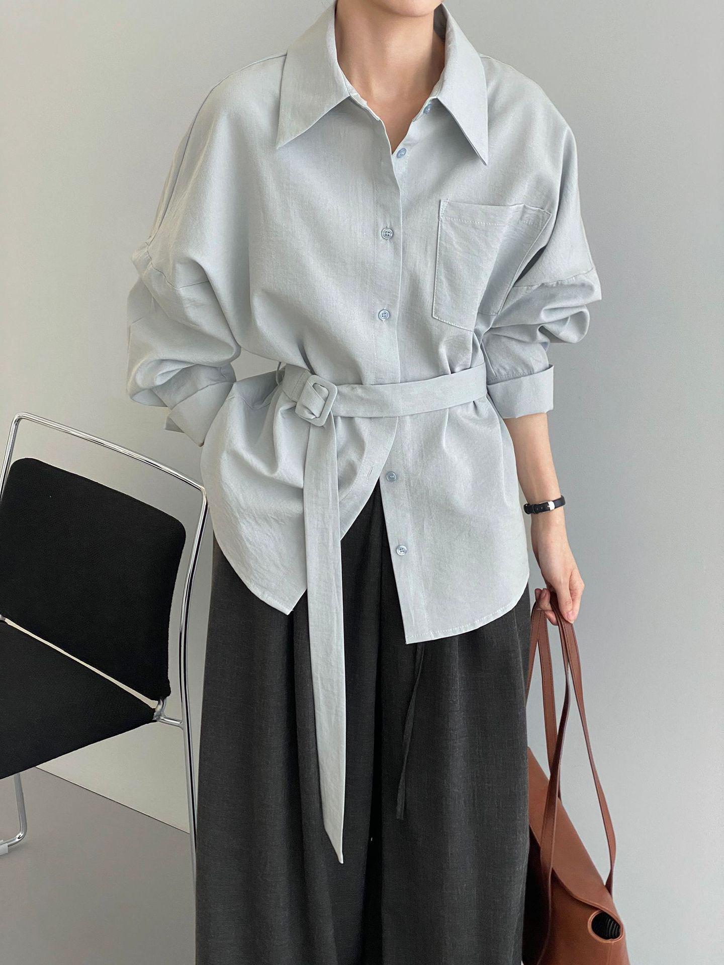 

Versatile Women s Elegant Waist-Cinching Solid Color Lapel Shirt 5079 Large