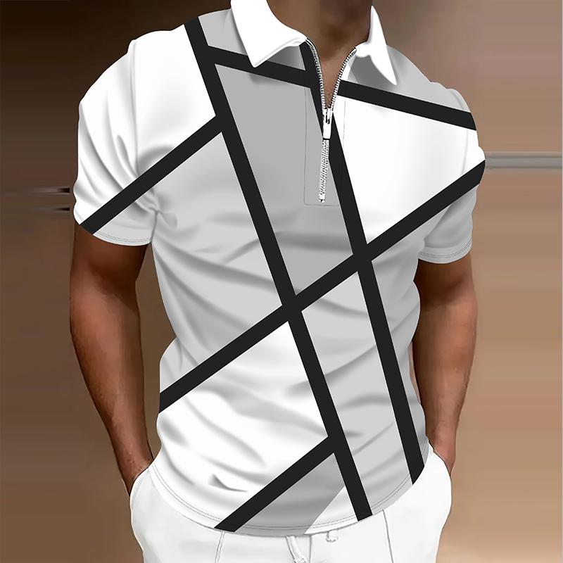 

Men s Shirt Polo Casual Zip Short Sleeve Fashion Casual Zipper Summer Spring Regular Fit 3D Geometric Figure Print Shirt 3XL серый