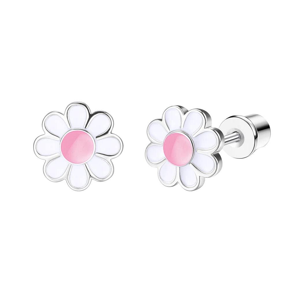 Bobisty 1Pair Cute Screw Back Earrings for Women Stainless Steel Multicolored Heart Flower Butterfly Rainbow CZ Stud Earrings