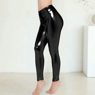 Women Pants Glossy Faux Leather Skinny Elastic High Waist Solid Color Smooth Soft Breathable Tummy Control Ankle Length Club Party Lady Long Trousers