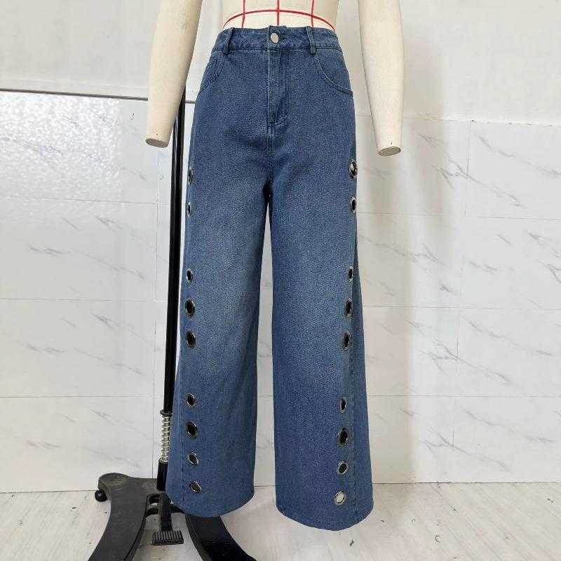 Metal Round Hole Casual Loose High Waist Wide Leg Jeans Women's Washed Cat Beard Ground White Jeans European and American