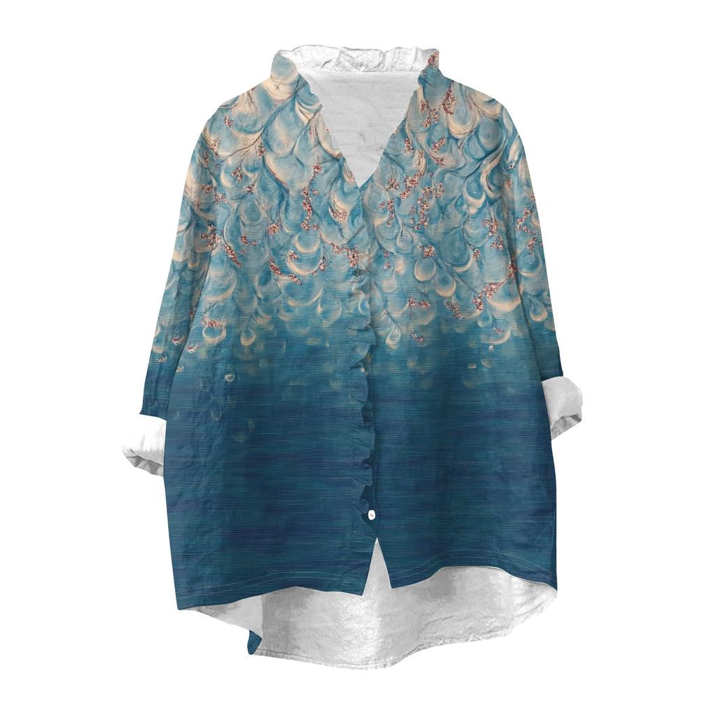 Women's Loose Ruffled Retro Floral Print Stand Collar Long Sleeve Cotton And Linen Top