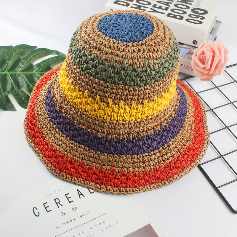 2021 Womens Straw Hat Rainbow Crochet Hand-made  Panamas UV Protection Sun Visor Beach Hats Women Visors Foldable Summer Sun Hat