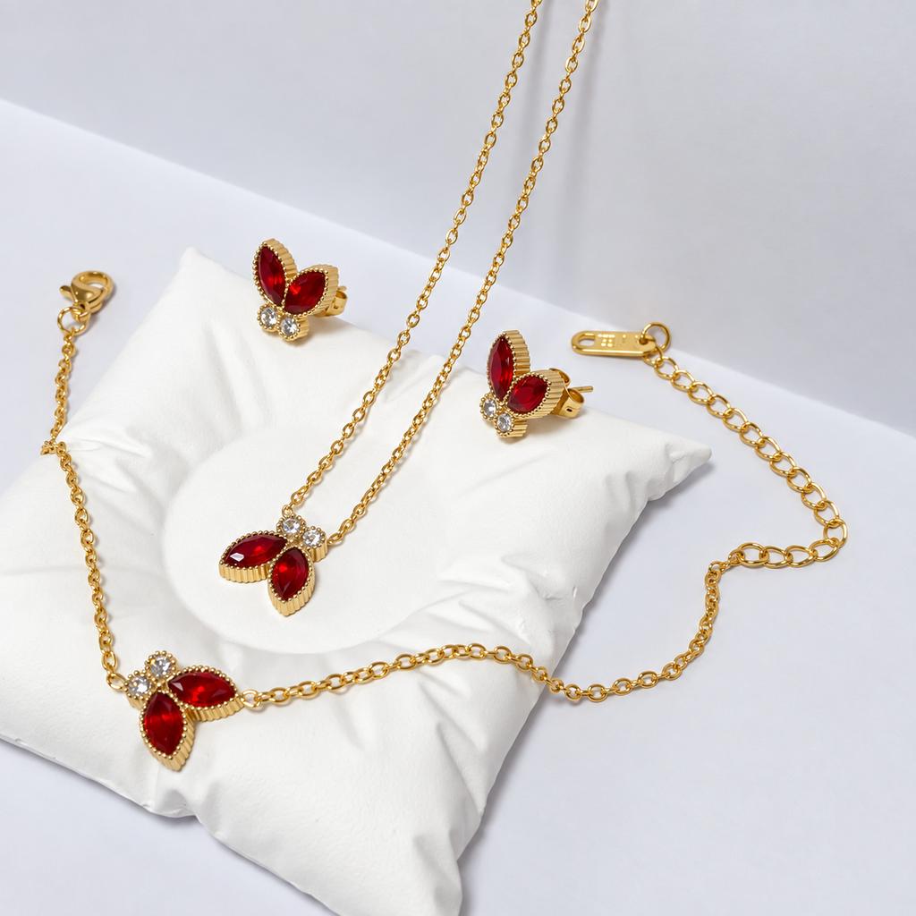 Huibao Red Marquise CZ Butterfly Jewelry Set for Women Gold Plated Stainless Steel Necklace Bracelet Stud Earrings 3 Piece Set