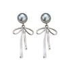 Bow Gray Pearl Earrings Women'S High-End French Tassel Long Stud Earrings Light Luxury Temperament Sweet Cool Style Earrings