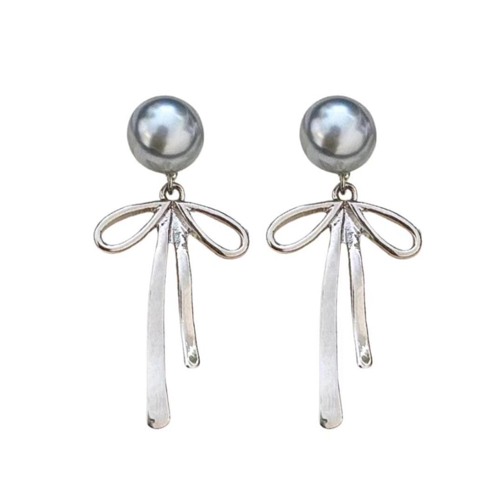 Bow Gray Pearl Earrings Women'S High-End French Tassel Long Stud Earrings Light Luxury Temperament Sweet Cool Style Earrings