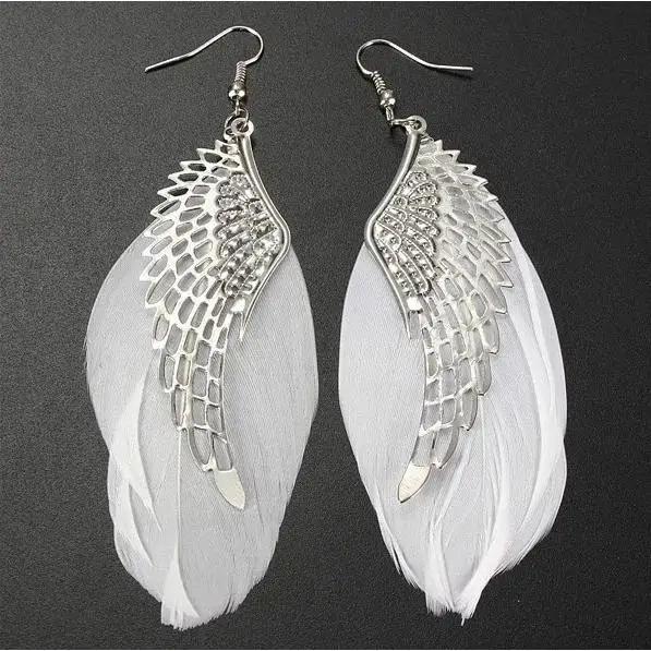 Fashion Silver Plated Angel Wings Earring White Feather Drop Earrings for Women sliver