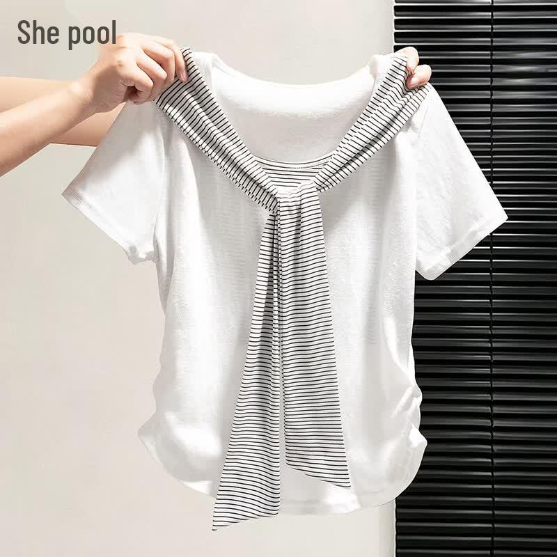 Shechi Women s Striped Patchwork Pleated Waist Short Sleeve T-Shirt One Size белый