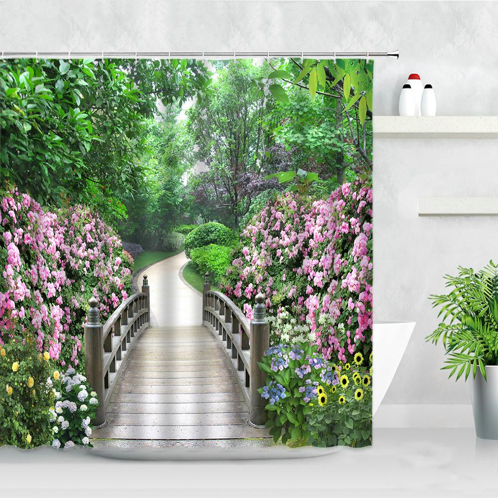 Fleurs Rouges Porte Grecque Bleue Avec Vue Sur Mer Sur Île Rideaux de Douche Tissu Imperméable Ensemble de Rideaux de Salle de Bain Décoration de Baignoire pour la Maison