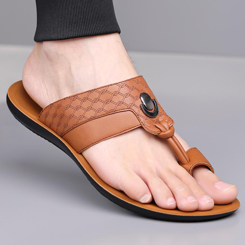 Men Black Leather Slippers Simple Flats Summer White Flip Flops Outdoor Sandals Open Toe Beach Shoes Plus Size