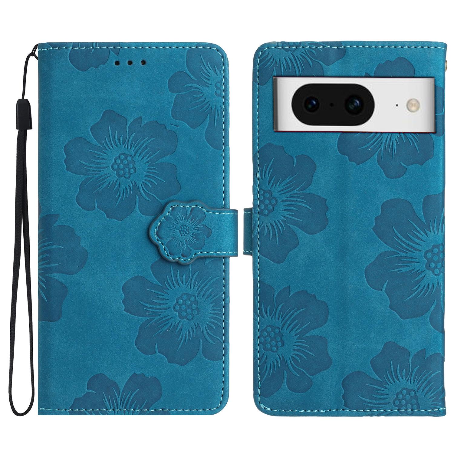 

For Google Pixel 8 Flowers Imprint Leather Shell Flip Wallet Cover Phone Case with Stand Blue