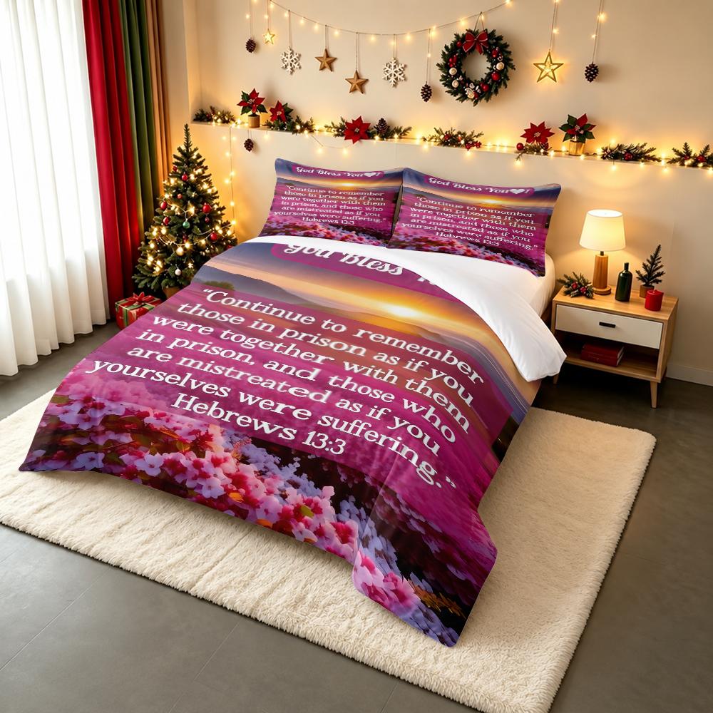 Sunset Flower Field Bible Verse Bedding set (1 duvet cover, 2 pillowcases, duvet not included), Hebrews 13:3 Scripture Art Print