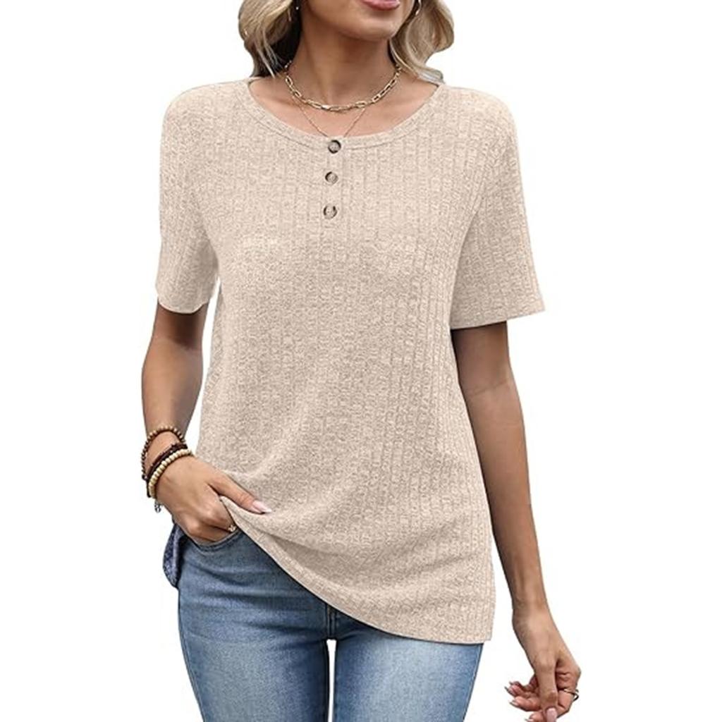 Women's Fashionable Casual Color Round Neck Short,sleeved Loose Top