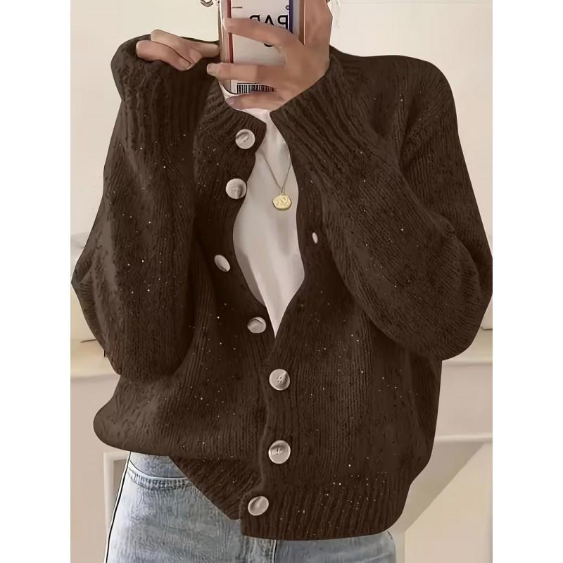 Womens Knit Cardigan Sweater Short Loose Fit Round Neck Single Button Front Fall Winter Casual Wear