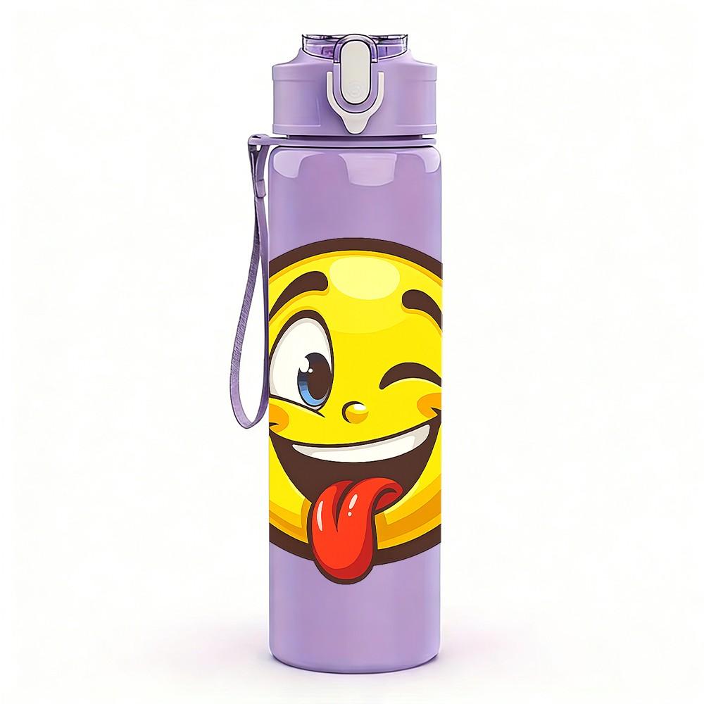 1PC Tongue Out Funny Yellow Emoji Print 750ml Color Plastic Sports Water Bottle Leakproof Flip Straw Lid Suitable for Sports Office Home Use