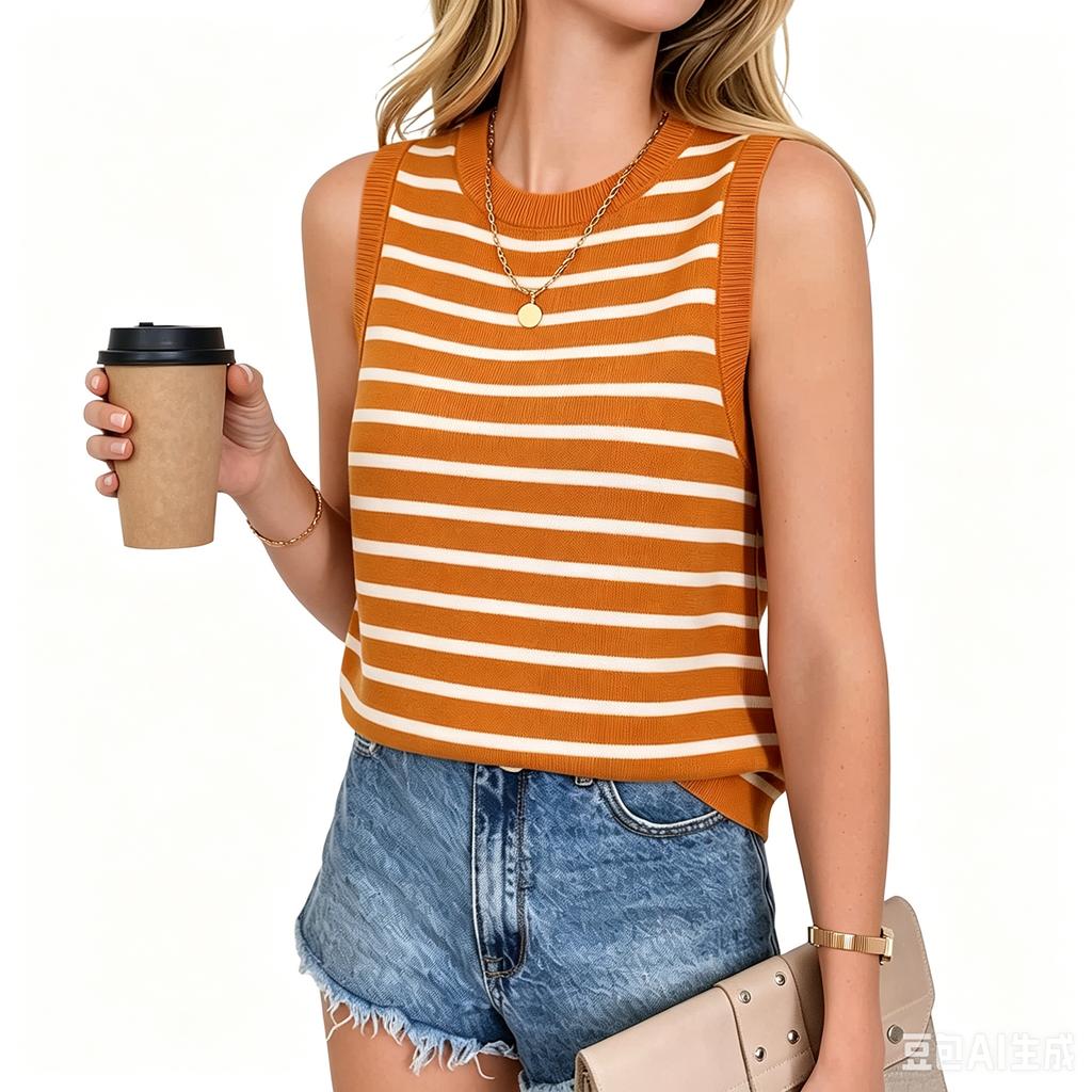 Women Casual Sleeveless Pullover Tank Top Crew Neck Striped Knit Vest Summer Lightweight Comfortable Blouse