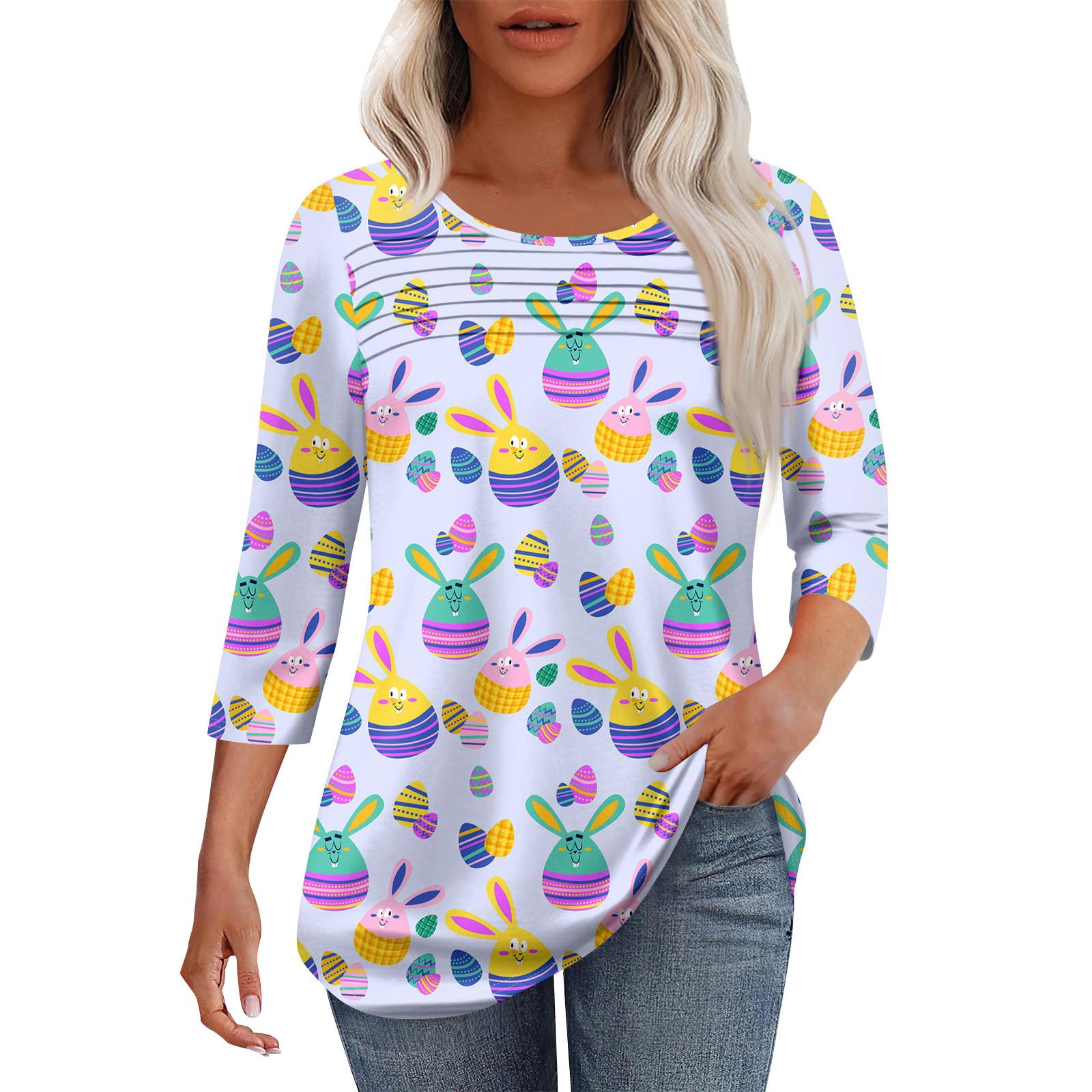 

Женская мода круглый вырез шея плиссированная передняя планка с принтом рукав 3/4 топ M