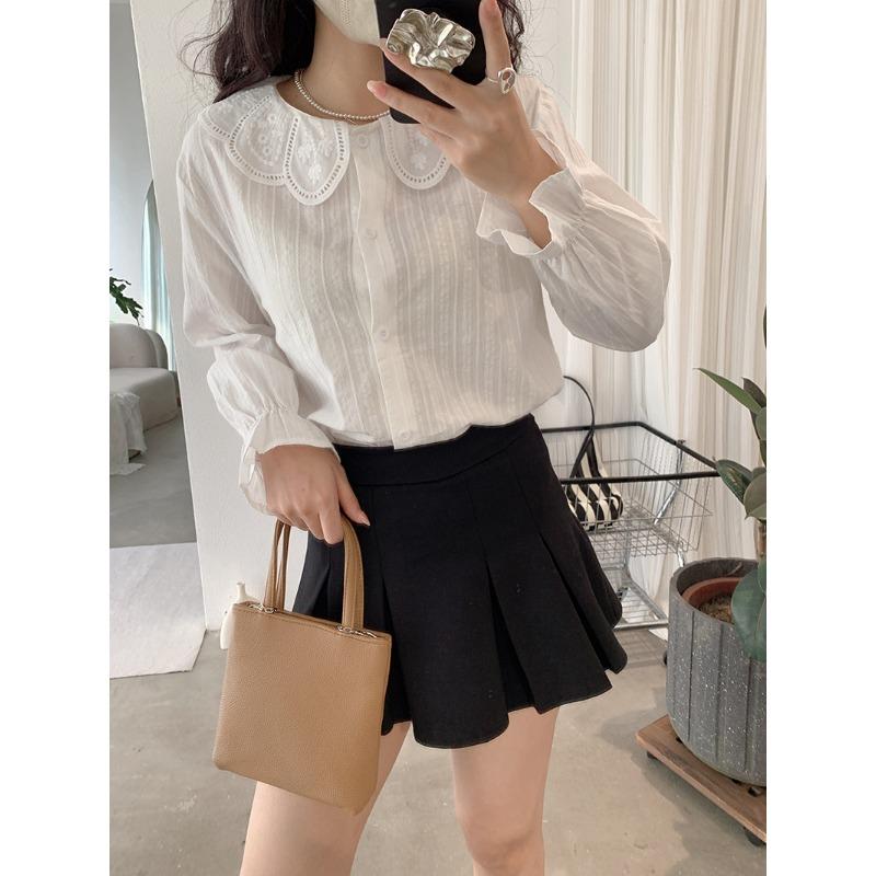 Spring Autumn Polo-neck Sweet Single Breasted Shirt Women Long Sleeve Casual White Cotton Blouse Cardigan Top