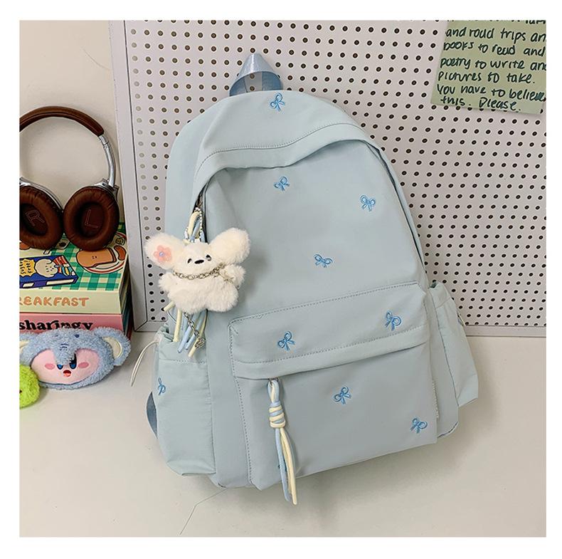 Schoolbag Girls School Bag Simple Versatile Backpack College Student Middle School Student Cute Embroidered Bow Lightweight Travel Backpack