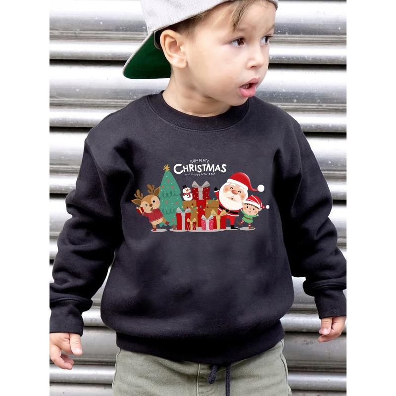 Autumn Winter Fashion Fleece Round Neck Pullover Sweater 'MERRY CHRISTMAS AND HAPPY NEW YEAR' Christmas Element Print Loose Casual Long Sleeve