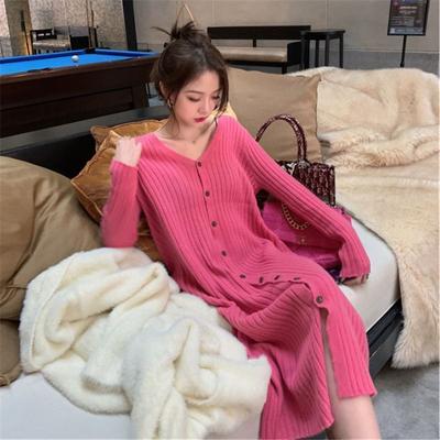 French Vintage Knitted Cardigan Dress Autumn New Women Long Laydown Style V Neck Over Knee Woolen Dress Sweater Female Tops