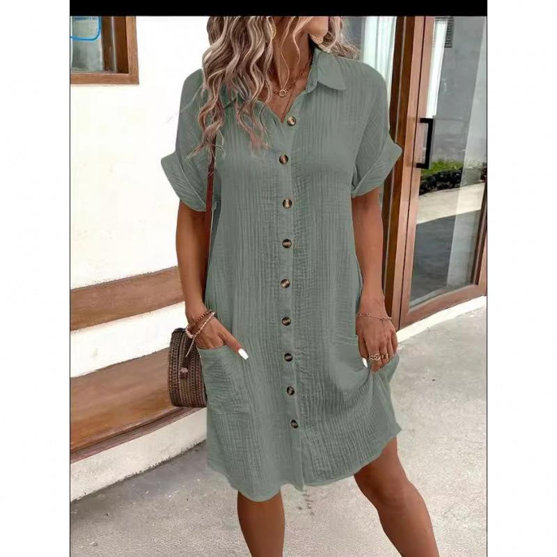 Casual Solid Color Single-breasted Medium and Long Short-sleeved Loose Casual Dress Women's Clothing