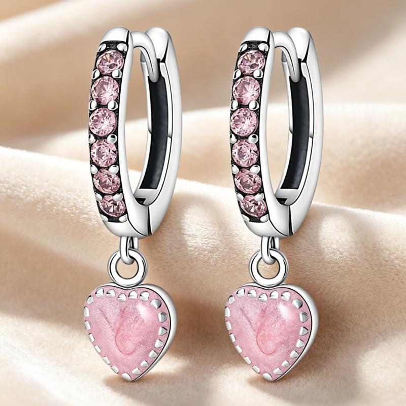 New 925 Silver Pink Heart Shape Women Earrings Brilliant Wedding Engagement Star Earrings Jewelry Gift