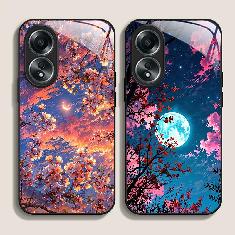 Moon Cherry Blossom Pattern Scenery Tempered Glass Phone Case for OPPO Realme 14 13 Pro Plus 12 11 10 Neo 3 X7 PRO C75 5G Covers