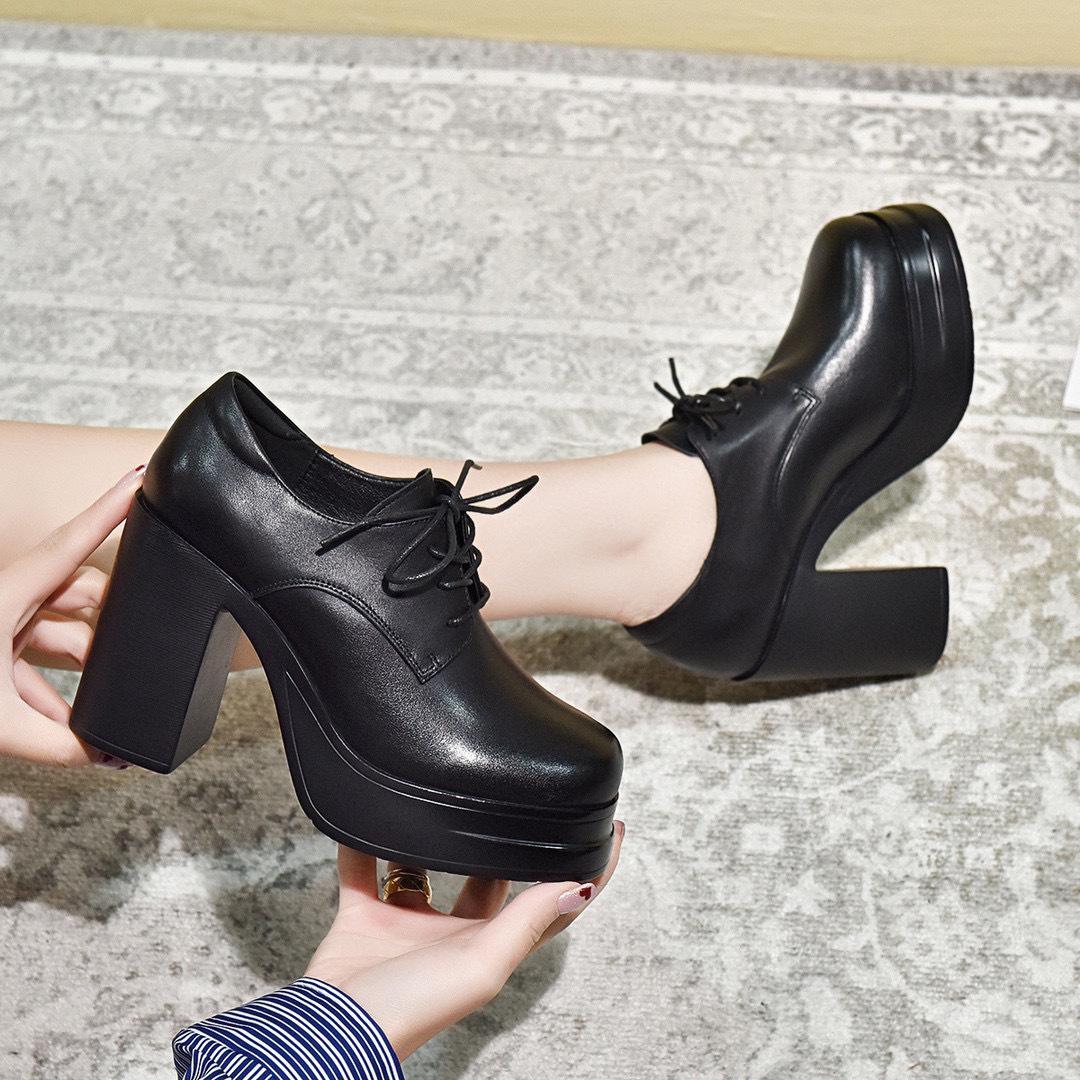 

Женские туфли на высоком каблуке-платформе, весна 2025, новые, водонепроницаемая платформа, толстый каблук, ремешок, глубокий вырез, одинарные туфли, модная обувь из первого слоя коровьей кожи 37 чёрный