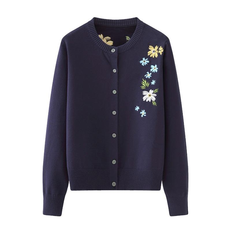 Autumn Winter Fashion Loose Embroidered Knitted Cardigan Sweater Women's Round Neck Coat Solid Color New Casual Long Sleeved Office Simple Clothing
