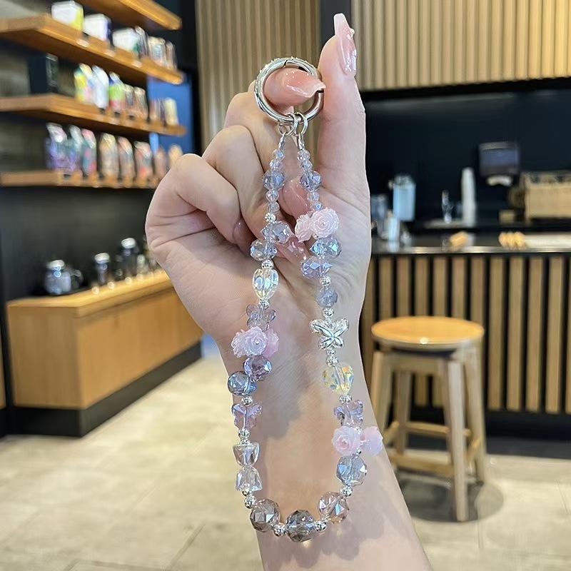 Elegant Rose Quartz Phone Lanyard & Keychain: Women's Wrist Accessory, Purse Charm, and Car Key Holder
