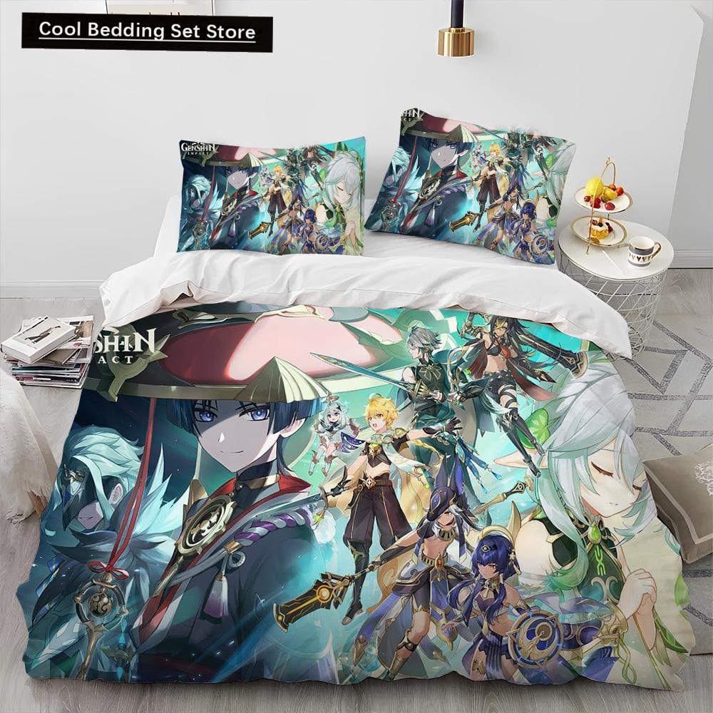 

Комплект постельного белья Genshin Impact Game Gamer Cartoon, пододеяльник, наволочка, комплект постельного белья размера «king-size» EU single(135x200cm)