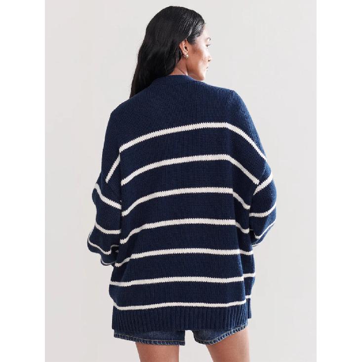 Women'S Striped Knit Cardigan V-Neck Cotton Thickened Warm Loose Fit Autumn Winter Sweater