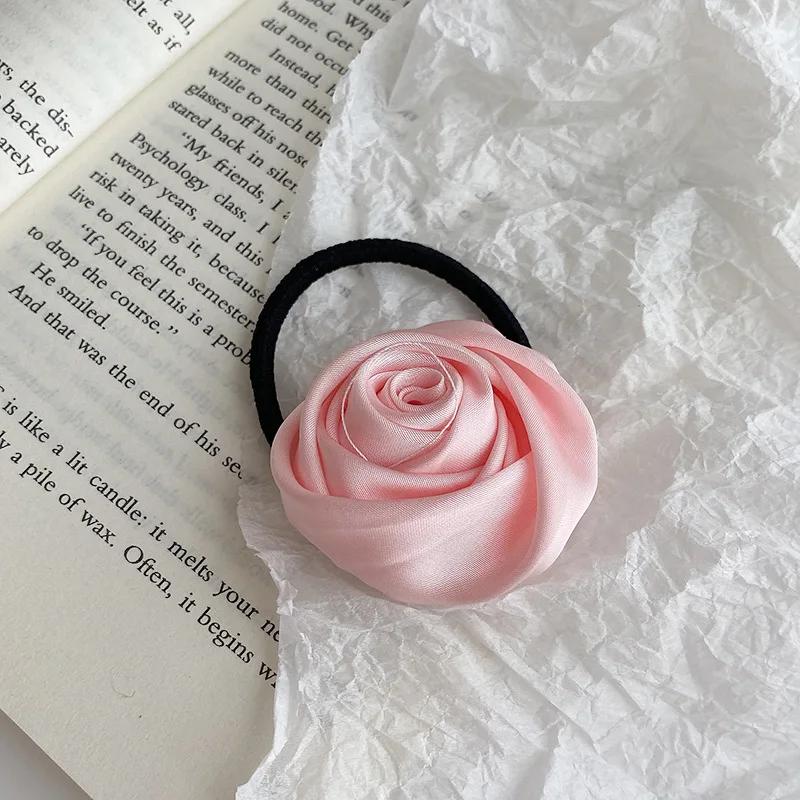 Fabric Rose Flower Hairbands Women Girls Elegant Elastic Rubber Bands Hair Ropes Headdress Satin Floral Rubber Bands