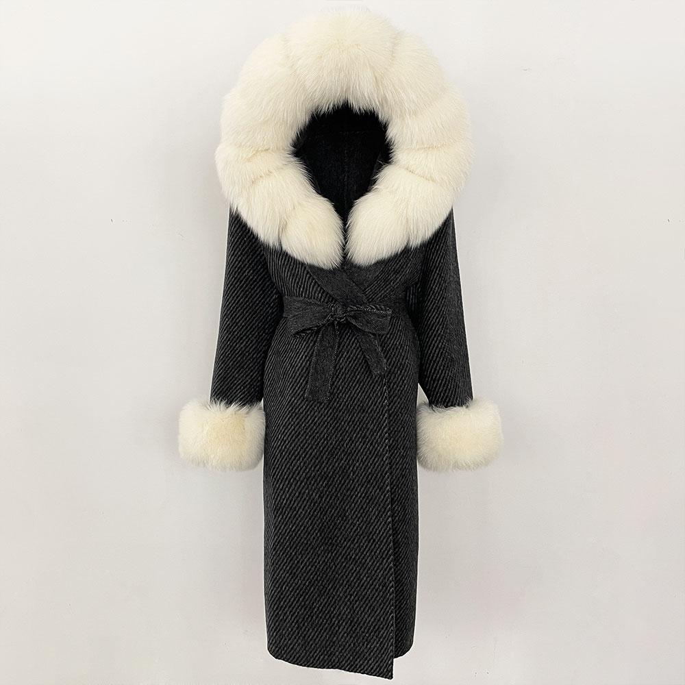 OFTBUY Winter Women Coat Real Natural Fox Fur Hooded Detachable Collar Double-faced Woolen Jacket Long Casual Elegant Overwears