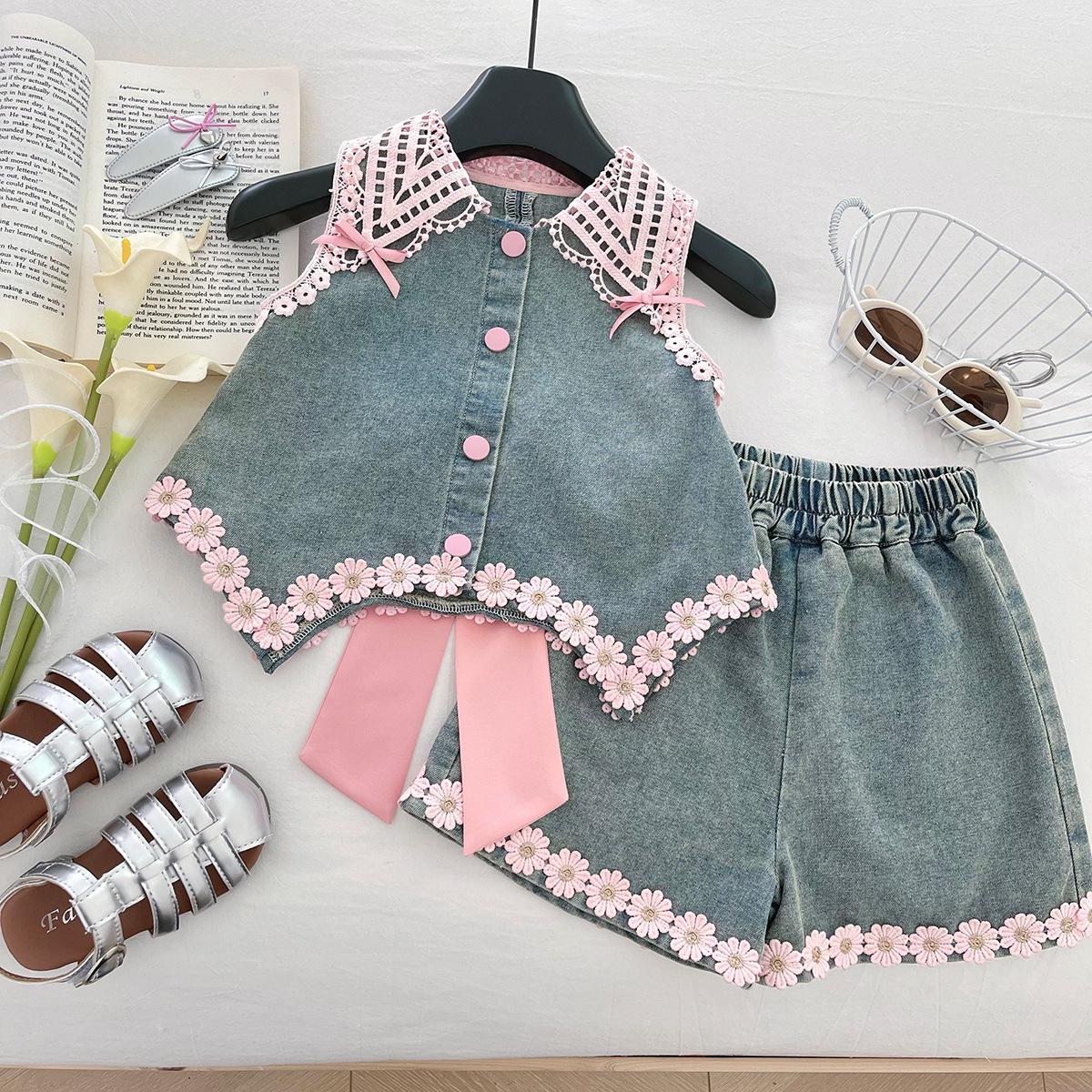 Summer Girls Denim Two Piece Set Backless Bow Floral Sleeveless Top And Shorts Fashionable Outfit For Kids 90cm