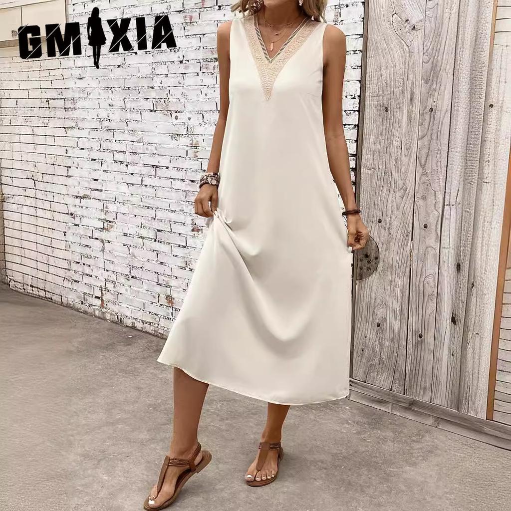 GMXIA Women's Dresses Solid Colour Sleeveless V-Neck Lace Loose Waist Long Dresses