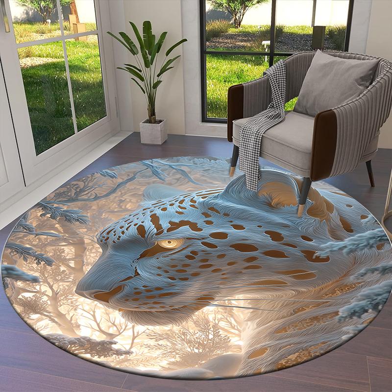 Stone Carving Leopard and Dragon Round Area Rug,Carpet Rug for Living Room Bedroom Sofa Playroom Decor,Non-slip Floor Mat