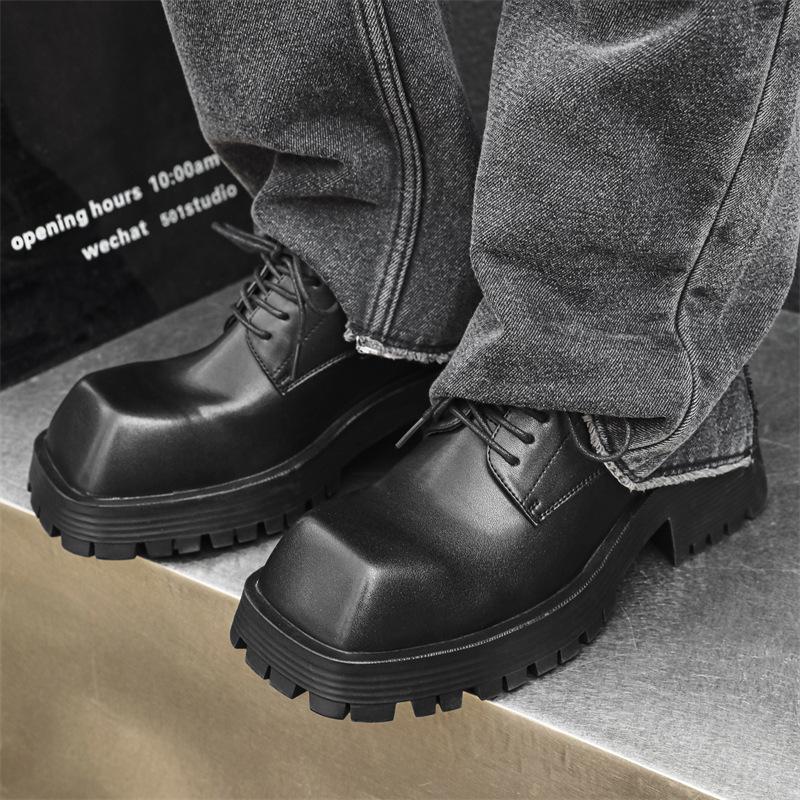 Men Fashion Original Leather Shoes  Designer Square Toe Shoe Punk Rock Dress Black Trendy Platform Sneakers Youth Footwear