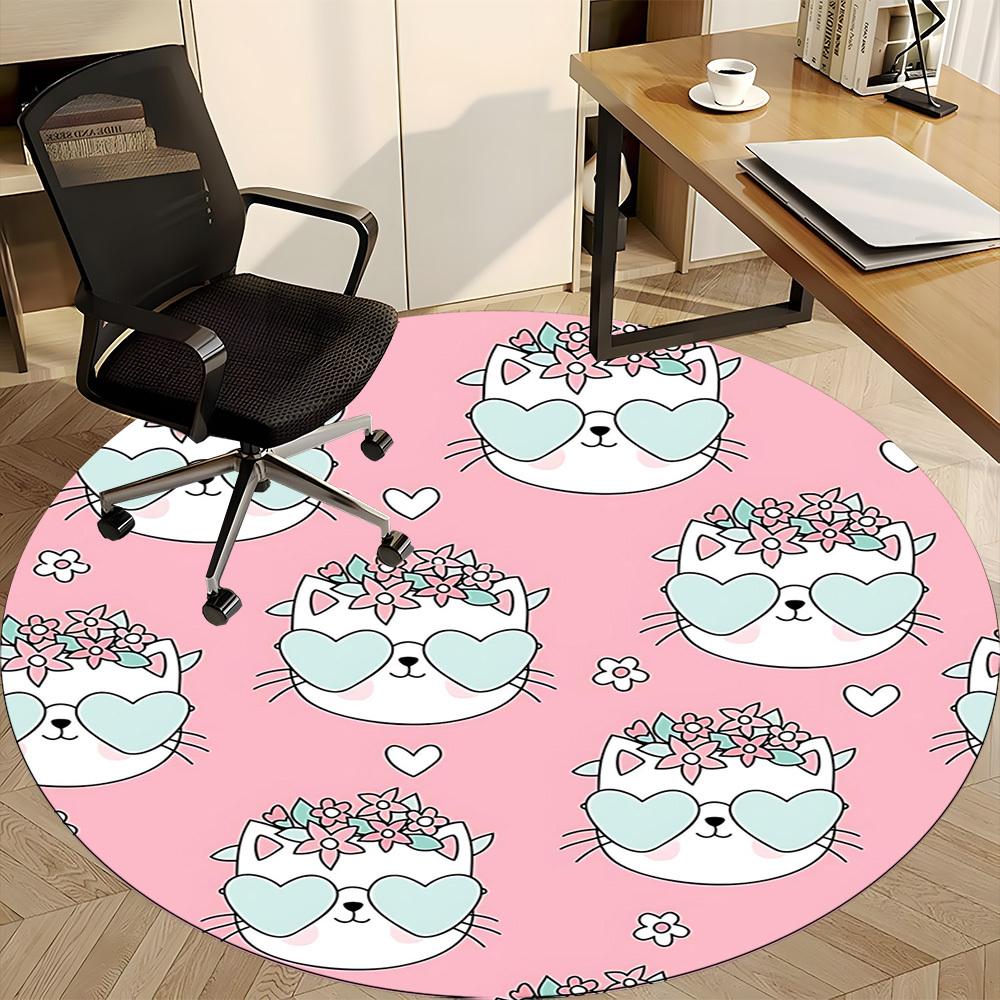 1PC Cat Floral Office Round Area Rug, Mat Suitable For Office, Under Office Chairs Bedroom Living Room Home Decor, Room Deco