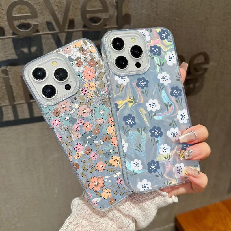 Simple Flower Pattern Luxury Glitter Case For iPhone 16 Pro Max 15 Pro 14 13 12 11 Slim Glossy Shockproof Hybrid PC TPU Clear Phone Cover