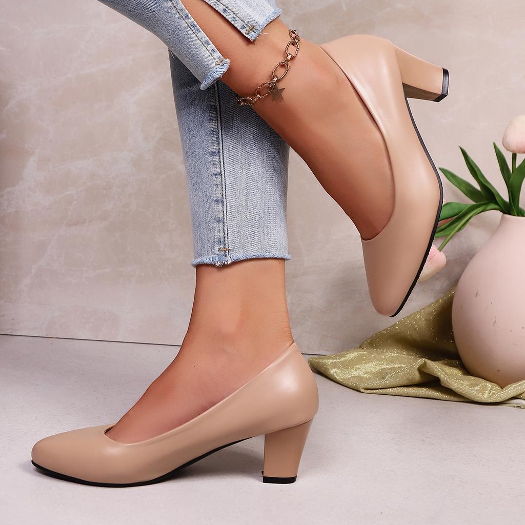 Dames Pumps Lente en Herfst Leer Hoge Hak Enkele Schoenen Dames Lage Hak Puntige Neus Designer Hakken Dames Zapatos De Mujer