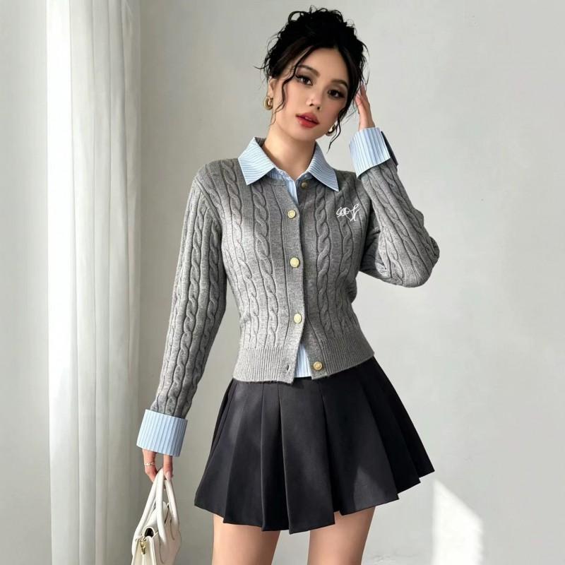 Womens College Style Cropped Knit Cardigan With Polo Collar Cable Embroidery Slim Fit Long Sleeve