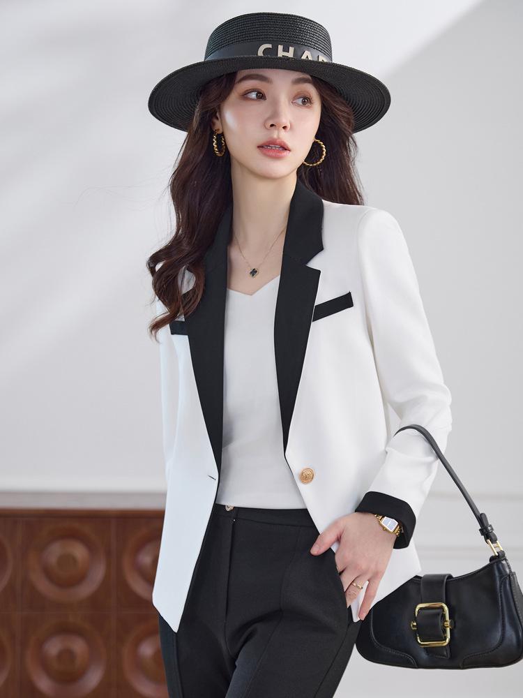 Women’s White Color Block Short Suit Jacket - Fashionable Petite Spring/Autumn Top